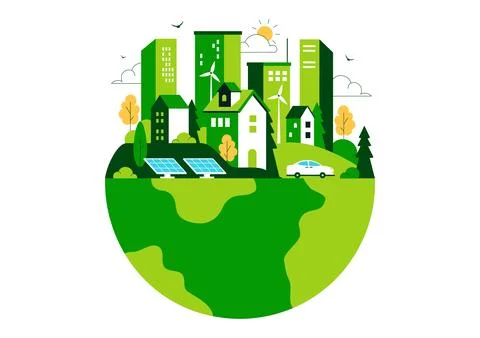 Green Building Vector Illustration Featuring a Beautiful Modern Eco Friendl.. Ilustración de archivo
