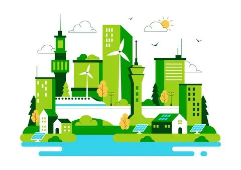 Green Building Vector Illustration Featuring a Beautiful Modern Eco Friendl.. Stock Illustration