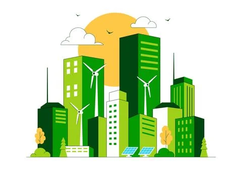 Green Building Vector Illustration Featuring a Beautiful Modern Eco Friendl.. Ilustración de archivo