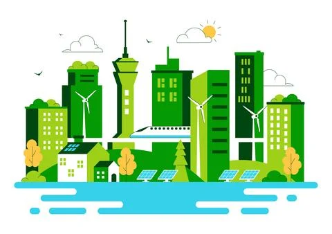 Green Building Vector Illustration Featuring a Beautiful Modern Eco Friendl.. Ilustración de archivo