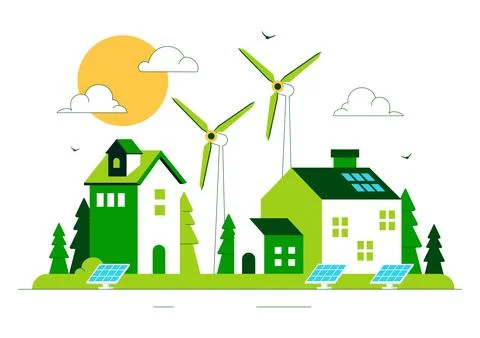 Green Building Vector Illustration Featuring a Beautiful Modern Eco Friendl.. Ilustración de archivo