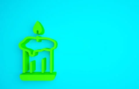 Green Burning candle in candlestick icon isolated on blue background. Old Stock Illustration