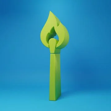 Green Burning match with fire icon isolated on blue background. Match with .. Illustrazione stock