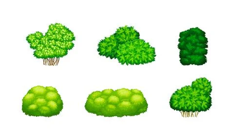 Green bushes of different shapes set. Shrubs for park, garden decor or green Ilustração Stock