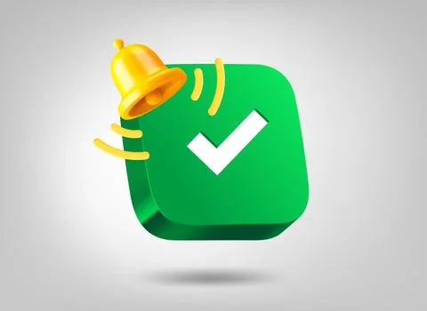 Green button with check mark with ringing bell. 3d vector illustration Illustrazione stock