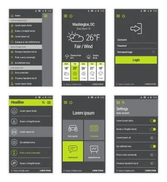 Green buttons set of mobile user interface design. Illustrazione stock