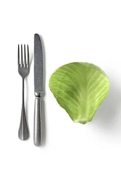 Green cabbage leaf and fork with knife isolated on white background. Vegeta.. Stock Photos