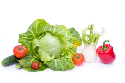 Green cabbage. Red  pepper. Red tomatoes. Stock Photos