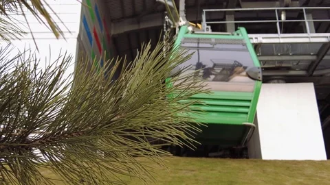 The green cabin of the funicular is moving, the view through the spruce branch Video stock 236813565