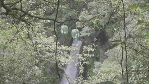 Green Cable Cars Passing Waterfall In Lush Forest At Longtan, Jinggangshan Stock-Footage 343556906