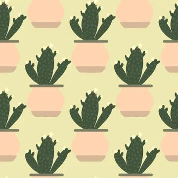 Green cactus in pot seamless pattern. Doodle botanical houseplant wallpaper. Stock Illustration
