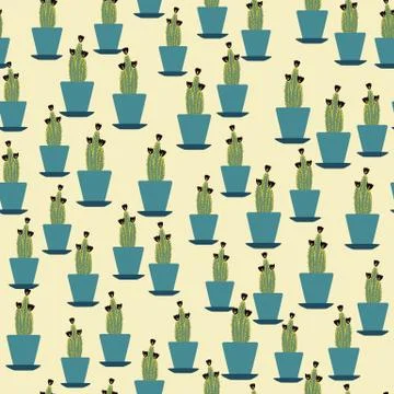 Green cactus in pot seamless pattern on yellow background. Stock Illustration