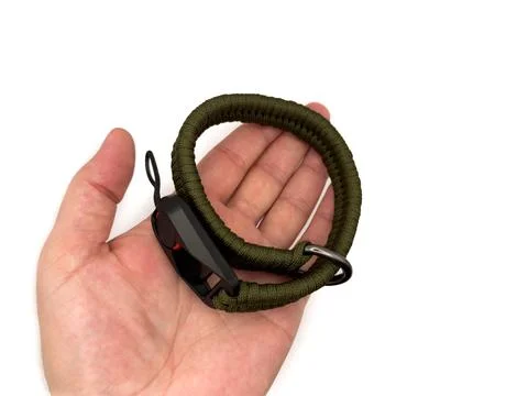 Green camera strap in the form of a rope on a white background. copy space, t Stock Photos
