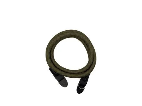 Green camera strap in the form of a rope on a white background. copy space, t Stock Photos