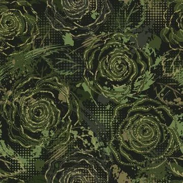 Green camo pattern with roses, splattered paint Stock Illustration