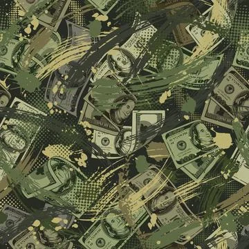 Green camouflage pattern with 100 US dollar bills, grunge paint brush strokes Stock Illustration