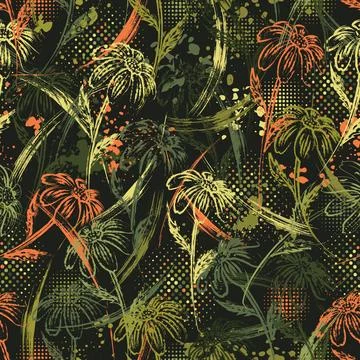 Green camouflage pattern with chamomile flower Stock Illustration