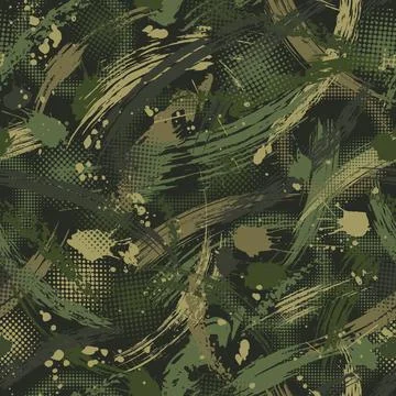 Green camouflage pattern with paint brush strokes, blots, halftone, spatters Stock Illustration