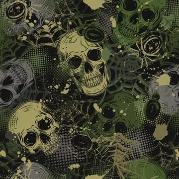 Green camouflage pattern with skulls, spiderweb Stock Illustration
