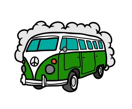 Green camper bus with clouds with plane background  vehicle illustration. Stock Illustration