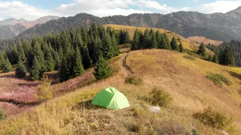 Green camping tent in the mountain forest Stock Footage 141167563