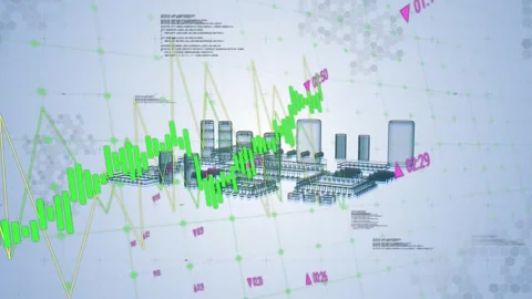 Green candle wave entering left sweeping grid and driving circuit city rising, Stock Footage 335211986