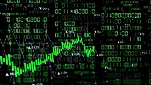 Green candles responding to binary pulse, sliding right, dropping, rebounding, Stock Footage 335739474