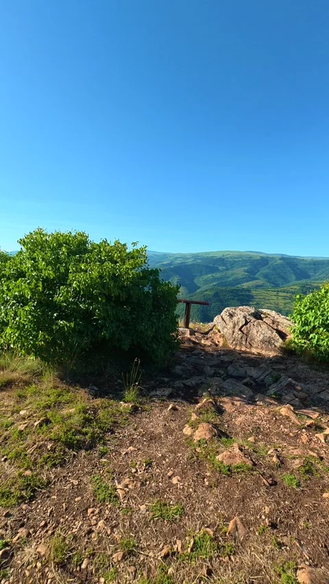Green canopy shades picnic table, peaceful. Kozji Kamen viewpoint, Serbia 스톡 동영상 342343299