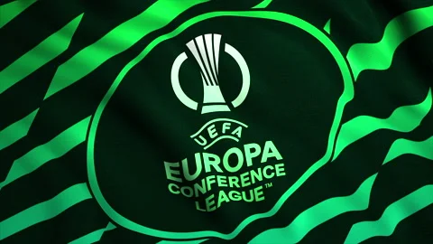 Green canvas. Motion . The bright logo of the UEFA European League. Use only Stock Footage 197383314