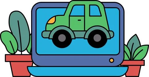A green car is displayed on a computer screen Ilustración de archivo