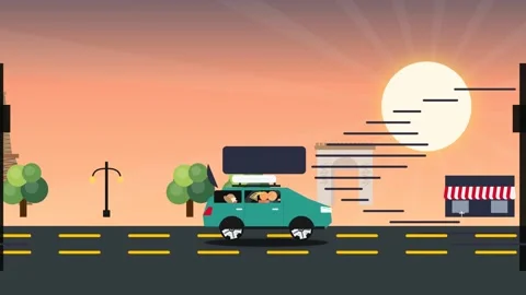 Green Car Driving Fast Through Paris At Sunset Flat 2D Animation Stock Footage 341302687