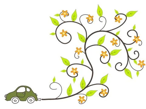Green car - environmentally friendly low emissions vehicle with floral orname Stock Illustration