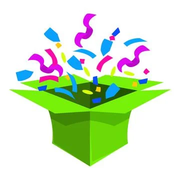 Green cardboard box exploding with colorful confetti 스톡 일러스트