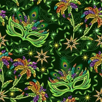 Green carnival pattern with mask, feathers, ribbons, stars, feather flower Stock Illustration