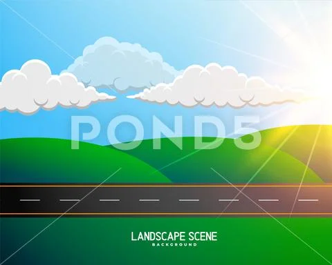 Green cartoon landscape with road background Stock Illustration