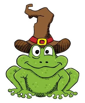 Green cartoon toad with witch hat isolated on white Stock Illustration