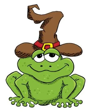 Green cartoon toad with witch hat isolated on white Stock Illustration