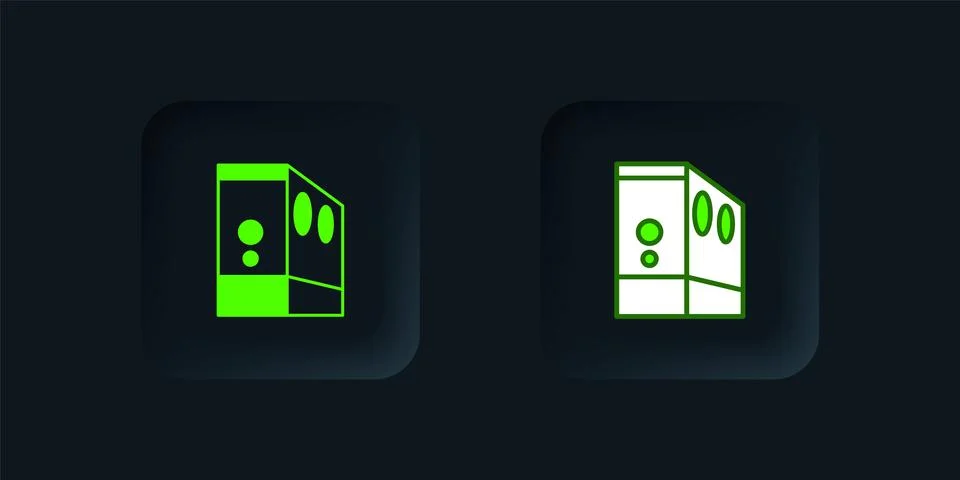 Green Case of computer icon isolated on black background. Computer server. .. Stock Illustration