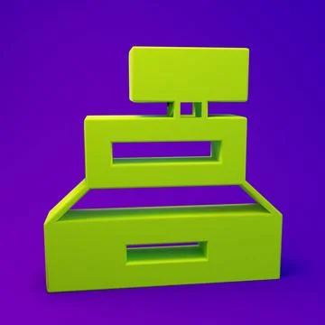 Green Cash register machine with a check icon isolated on purple-blue backg.. Stock Illustration