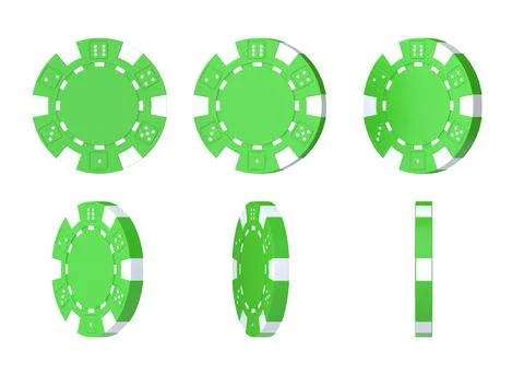 Green casino chips from different angles isolated on white background Illustrazione stock