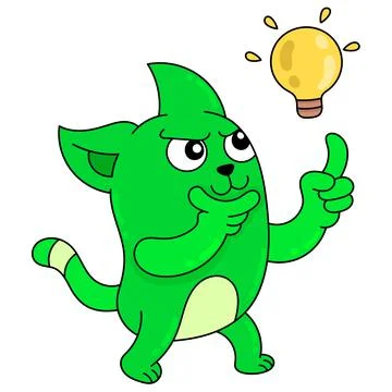 Green cat is thinking and getting inspired ideas, doodle icon image kawaii Stock Illustration