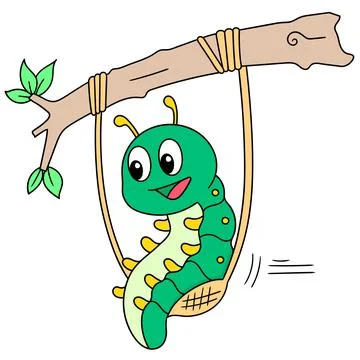A green caterpillar playing swing on a tree branch, doodle icon image Stock Illustration