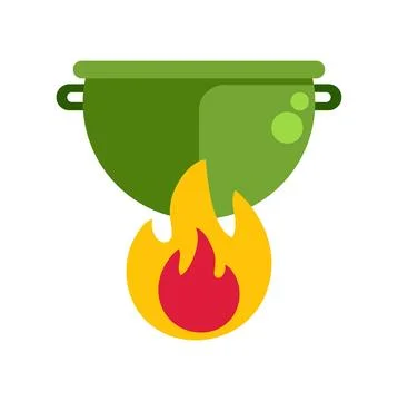 Green cauldron bubbling magic potion over fire flame Stockillustratie