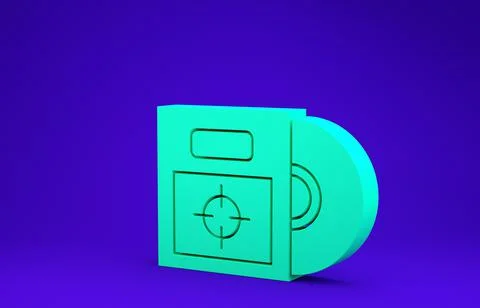 Green CD or DVD disk in box icon isolated on blue background. Compact disc si Stock-Illustration