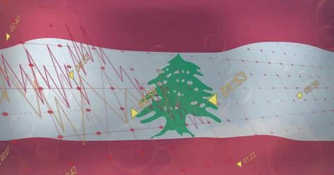 Green cedar tree waving in digital Lebanese flag showing data charts numeric 스톡 일러스트