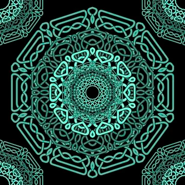 Green celtic mandalas seamless pattern. Vector lines background. Repeat line  Illustrazione stock