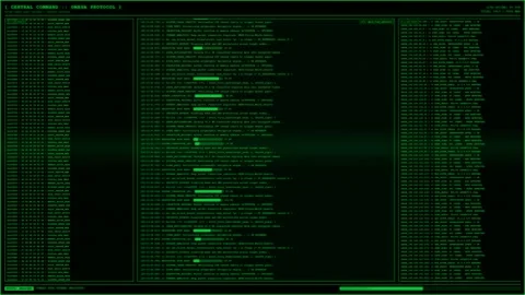 Green Central Command Omega Protocol Hacking Terminal Data Breach Animation. Stock-Footage 346837355