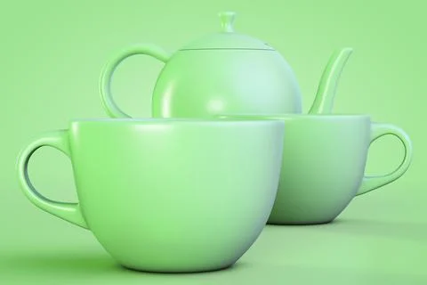 Green ceramic tea set. Teapot and two mugs. Stock-Fotos