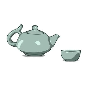A green ceramic teapot and cup are shown on a white background Stock Illustration