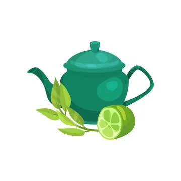 Green ceramic teapot, lime fruit and a sprig of jasmine, natural herbal tea Stock Illustration